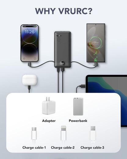 Portable Charger Built-in Cables and AC Wall Plug, VRURC USB C Power Bank 10000mAh, [2025 Upgraded Version] Phone Charger Compact Lightweight External Battery Pack for Smart Phones,Navy Blue