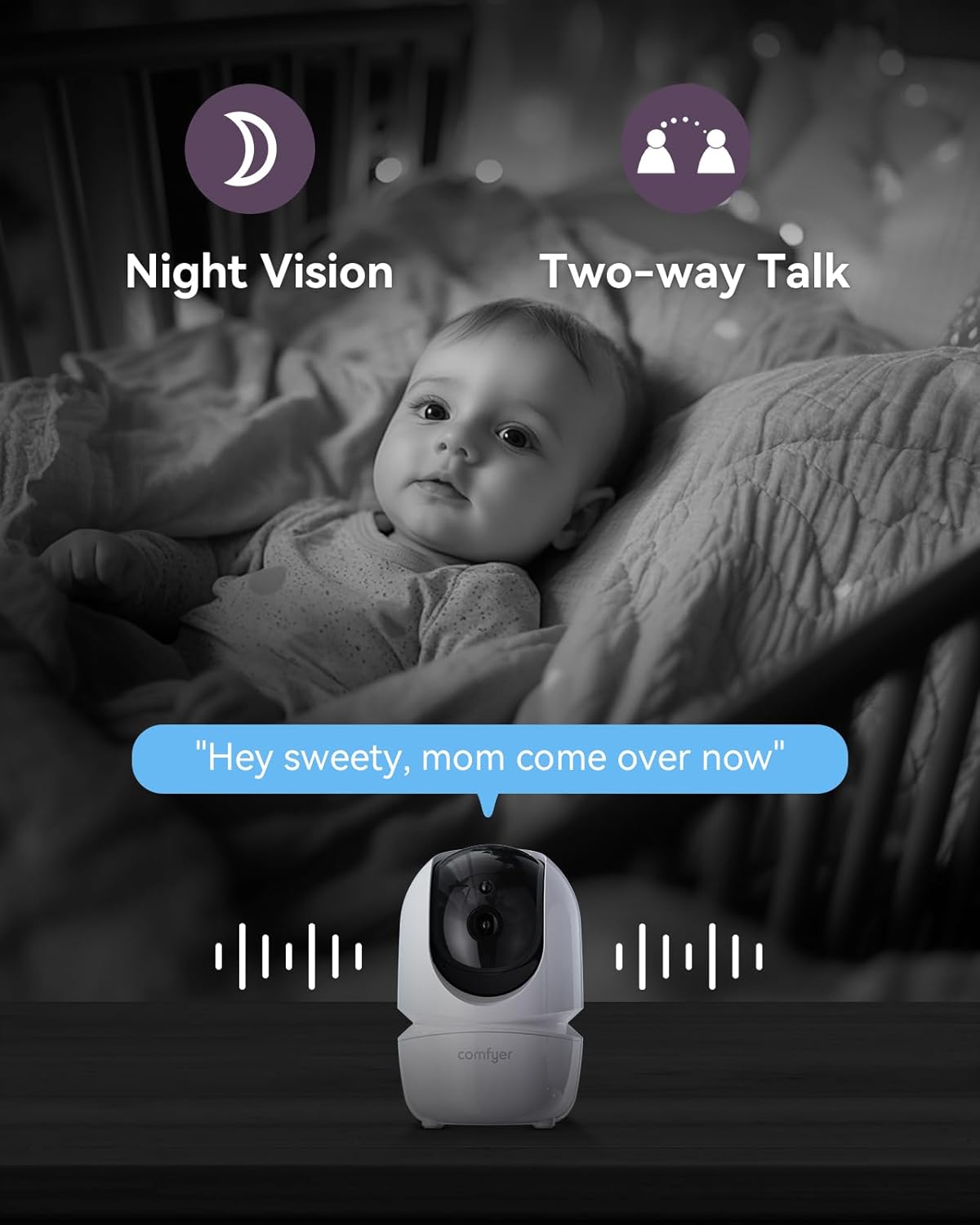 Comfyer 7" HD Split-Screen Baby Monitor with 2 Cameras, Video Baby Monitor with Camera and Audio, Flexible Bracket, Non-WiFi, VOX Mode, 2 Way Audio, Remote PTZ, Auto Night Vision