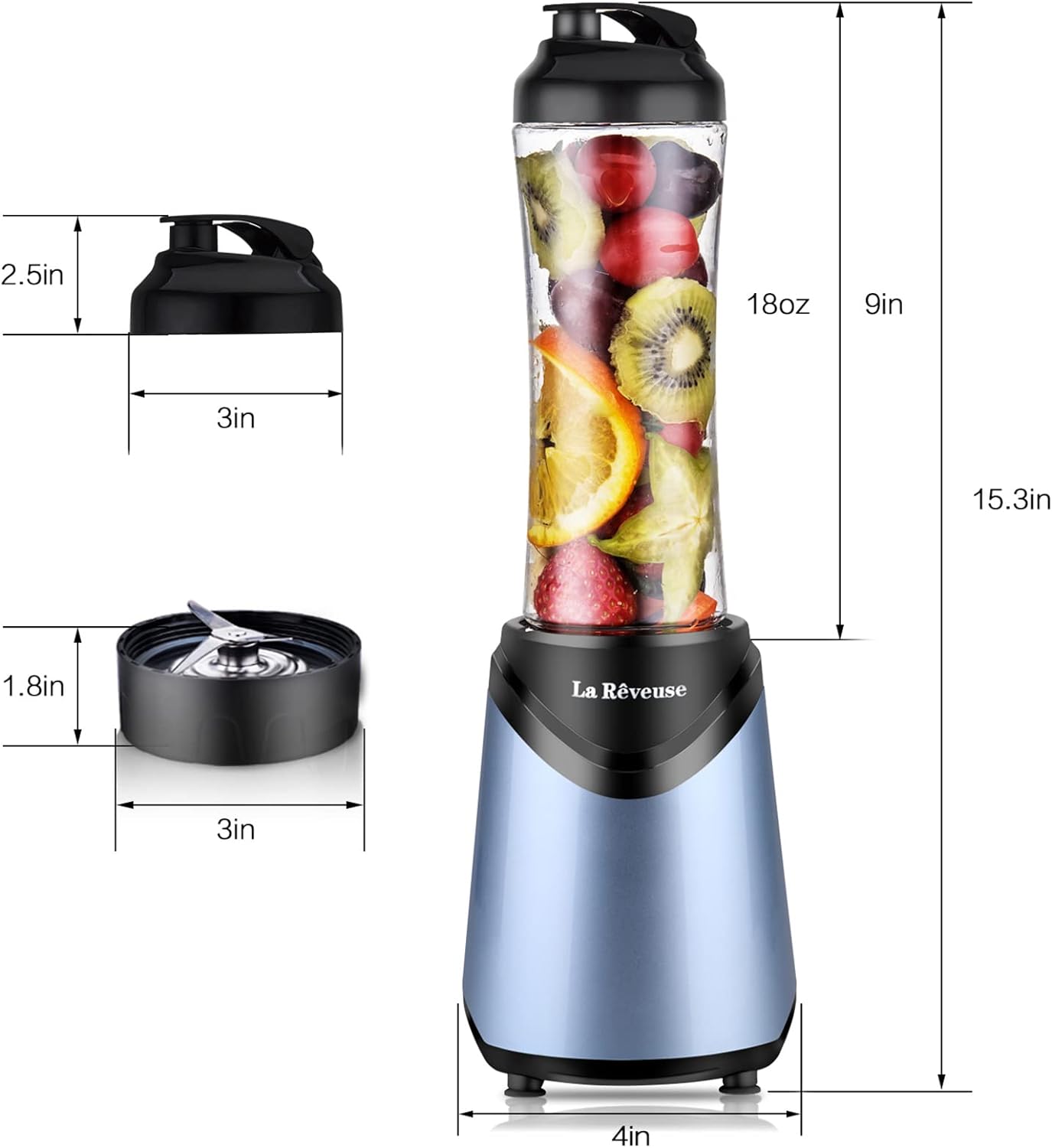 La Reveuse Smoothie Blender Personal Size 300 Watts with 2 Pieces 18 oz BPA-Free Travel Sports Bottles,Grey