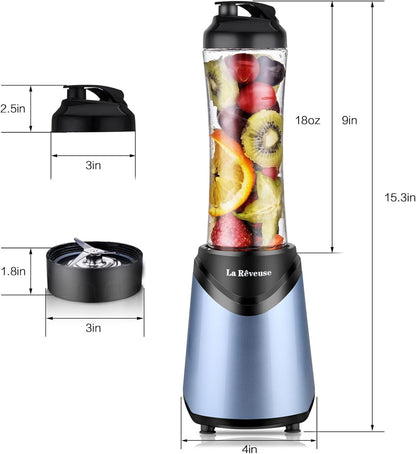 La Reveuse Smoothie Blender Personal Size 300 Watts with 2 Pieces 18 oz BPA-Free Travel Sports Bottles,Grey