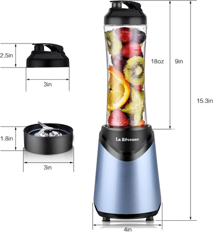 La Reveuse Smoothies Blender Personal Size 300 Watts with 2 Pieces 18 oz BPA Free Portable Travel Sports Bottles (Silver 2 Cups)