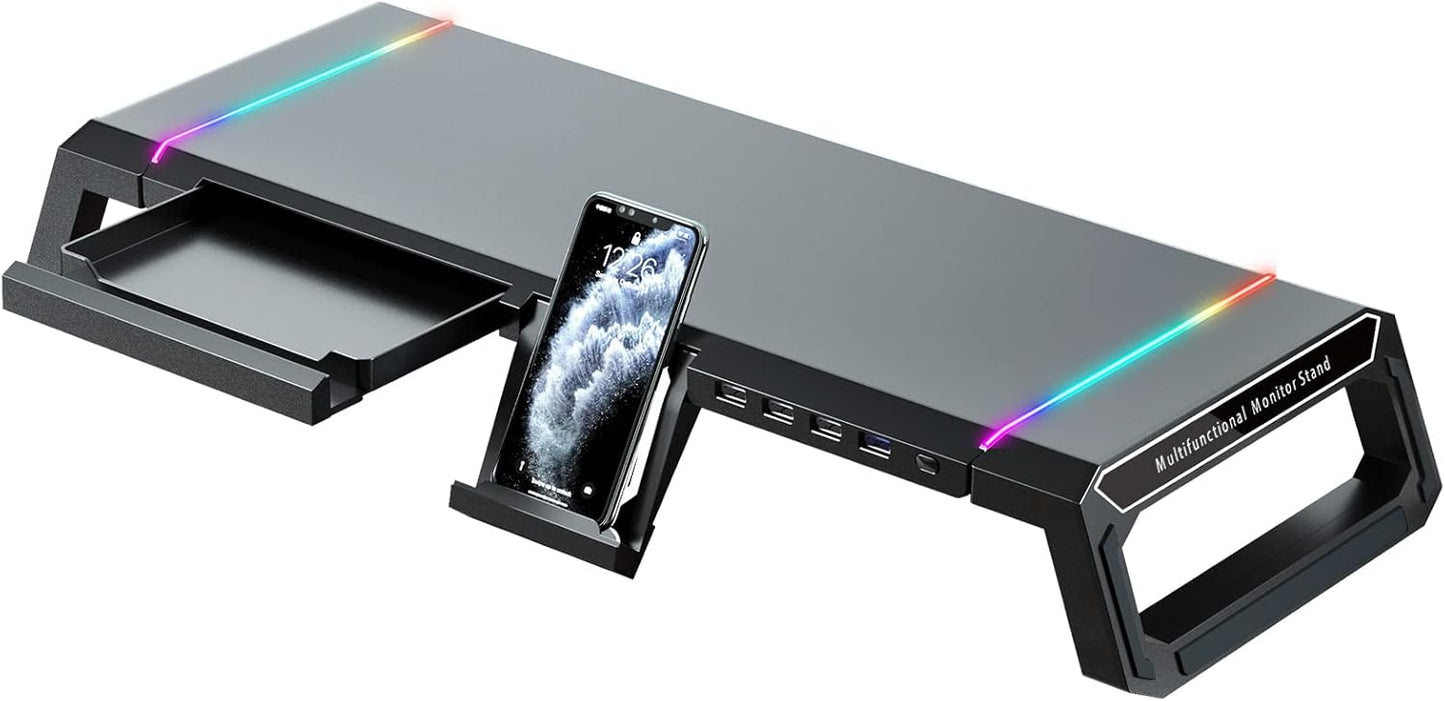 RGB Monitor Stand Riser with USB Hub, Adjustable Computer Monitor Stand with Storage Drawer and Phone Holder, Ergonomic Desktop Screen Riser for Office and Gaming Setup - PuriLite