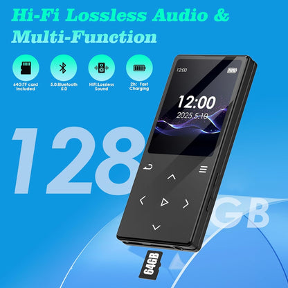 MP3 Player with Bluetooth: 128GB Digital Music MP3 Player for Kids Muisc Player Ages 8-12 Kids Music Player with Built-in HD Speaker FM Radio Voice Recorder HiFi Sound E-Book Reader