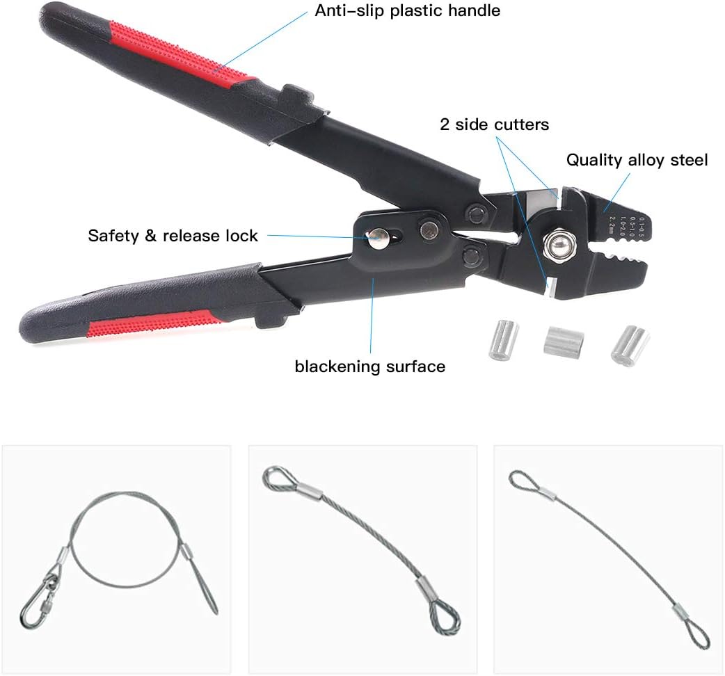 Glarks Up to 2.2mm Wire Rope Crimping Tool Wire Rope Swager Crimper Fishing Crimping Tool with 180Pcs 1.2/1.5/2mm Aluminum Double Barrel Ferrule Crimping Loop Sleeve Kit