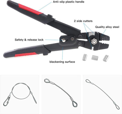 Glarks Up to 2.2mm Wire Rope Crimping Tool Wire Rope Swager Crimper Fishing Crimping Tool with 180Pcs 1.2/1.5/2mm Aluminum Double Barrel Ferrule Crimping Loop Sleeve Kit