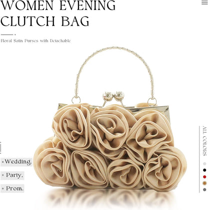 JAMBHALA Women Evening Clutch Bag Floral Satin Purses with Detachable Strap for Wedding, Party, Prom