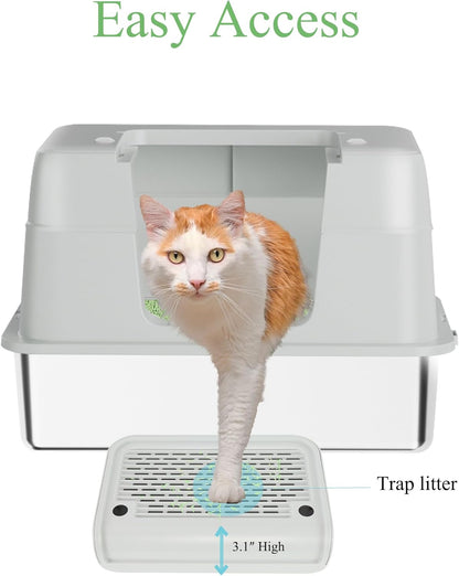 TENTIZON Stainless Steel Cat Litter Box, Extra Large Enclosed Kitty Litter Box with Removable Lid, Scoop, Pedal, XL High Sided Metal Litter Pan for Kitten, Big Cats Up to 11KG