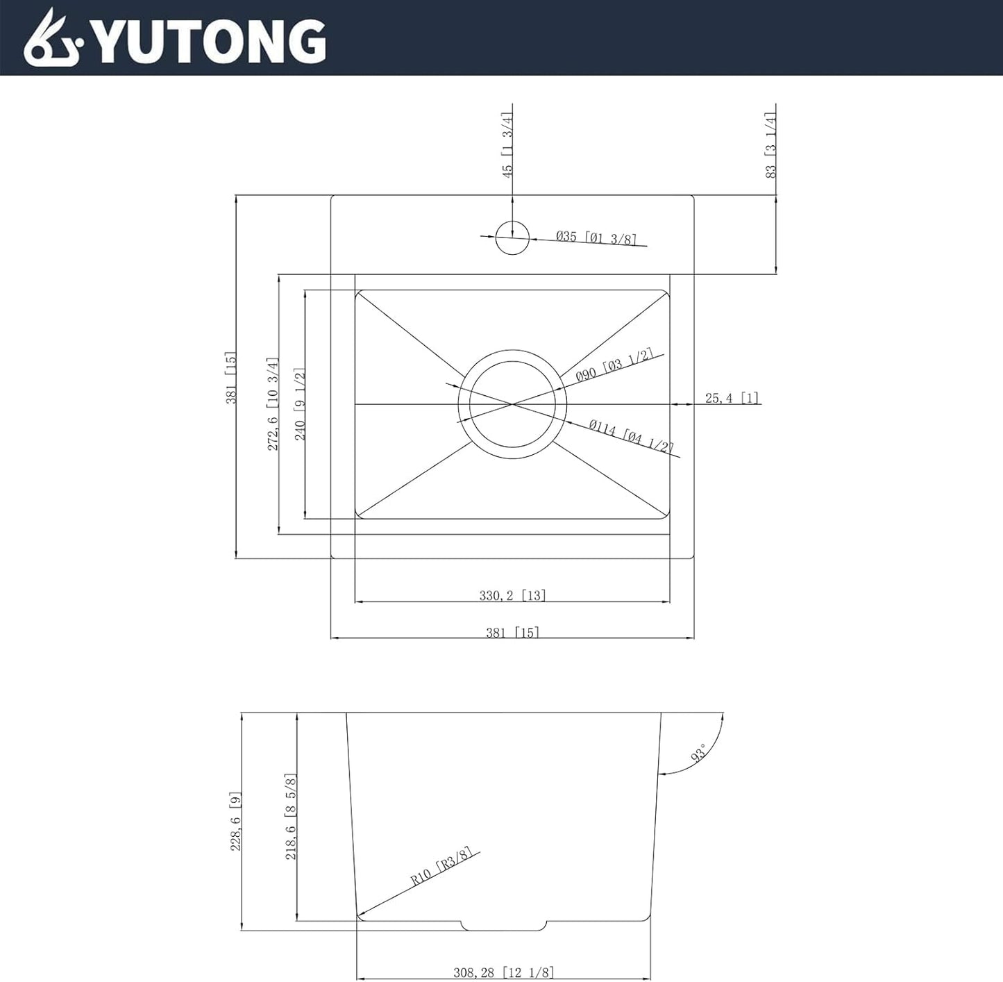 Yutong 16" x 20" Top-Mount/Drop in SS304 Stainless Steel Kitchen Black Sink Single Bowl Without Grid