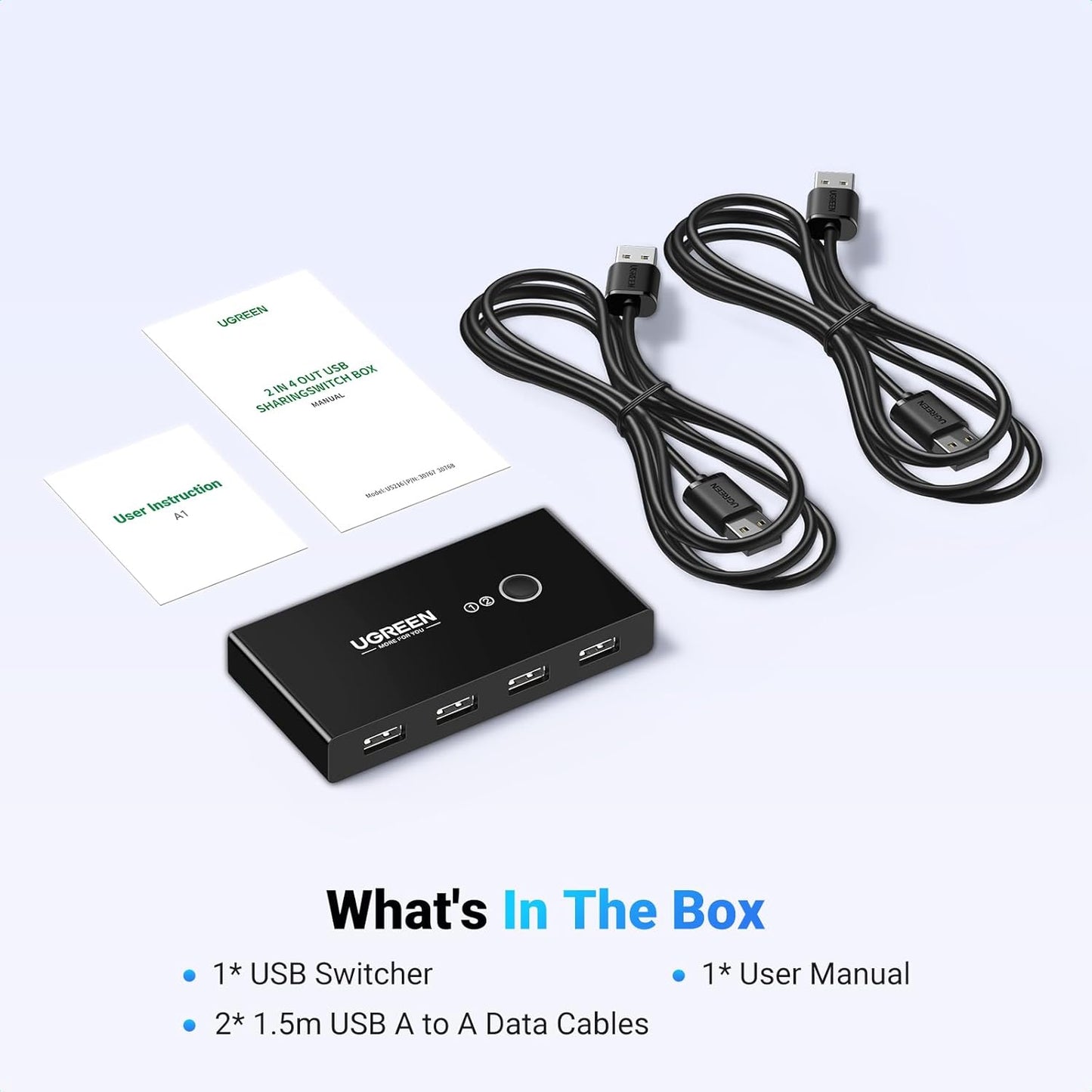 UGREEN USB 2.0 Switch Selector 2 Computers Sharing 4 Peripheral Devices, Switcher Box Hub for Mouse, Keyboard, Scanner, Printer, PCs with One-Button Swapping and 2 Pack USB A to A Cable