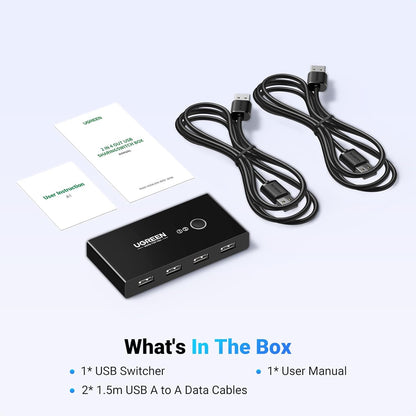 UGREEN USB 2.0 Switch Selector 2 Computers Sharing 4 Peripheral Devices, Switcher Box Hub for Mouse, Keyboard, Scanner, Printer, PCs with One-Button Swapping and 2 Pack USB A to A Cable