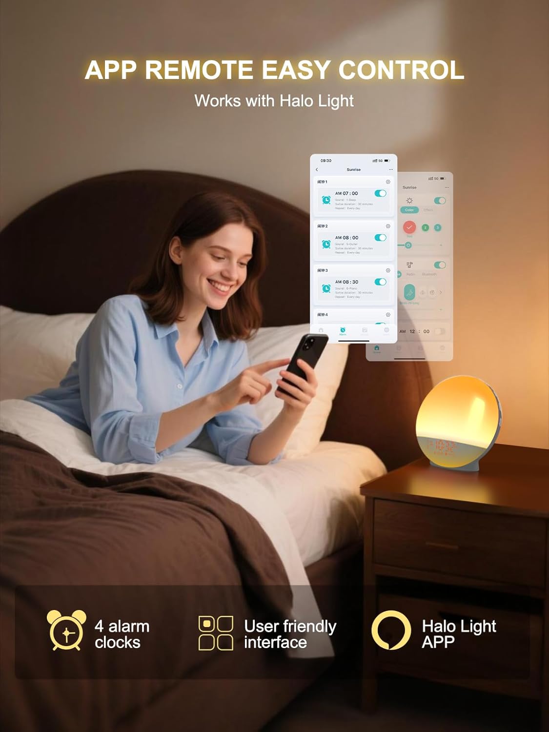 Sunrise Alarm Clock for Heavy Sleepers, Smart Wake Up Light with Sunrise/Sunset Simulation, App Controlled, Natural Sounds & FM Radio, 7 Alarms & Snooze, 11 Colors Night Light for Bedroom
