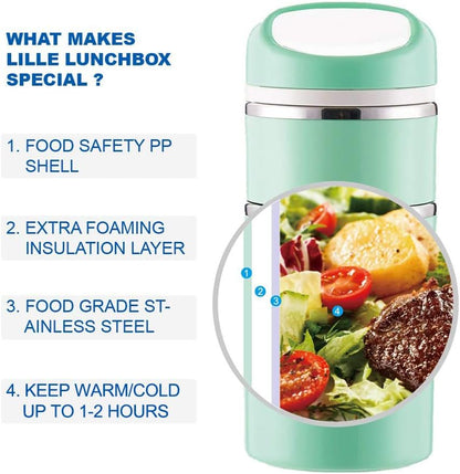 Lille Home Stackable Stainless Steel Thermal Compartment Lunch/Snack Box, 3-Tier Insulated Bento/Food Container with Lunch Bag, Cutlery Set and 3 Extra Seals, 43OZ (Gray)