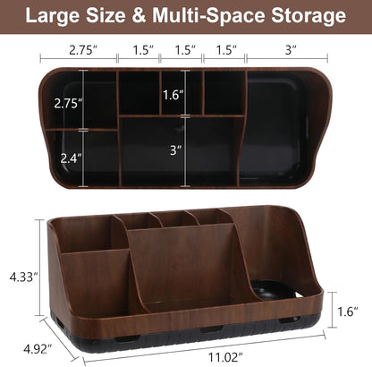 Wood Finish Bathroom Countertop Organizer with 7 Slots, Detachable Toothbrush and Toothpaste Holder with Drainage, Brown - PuriLite