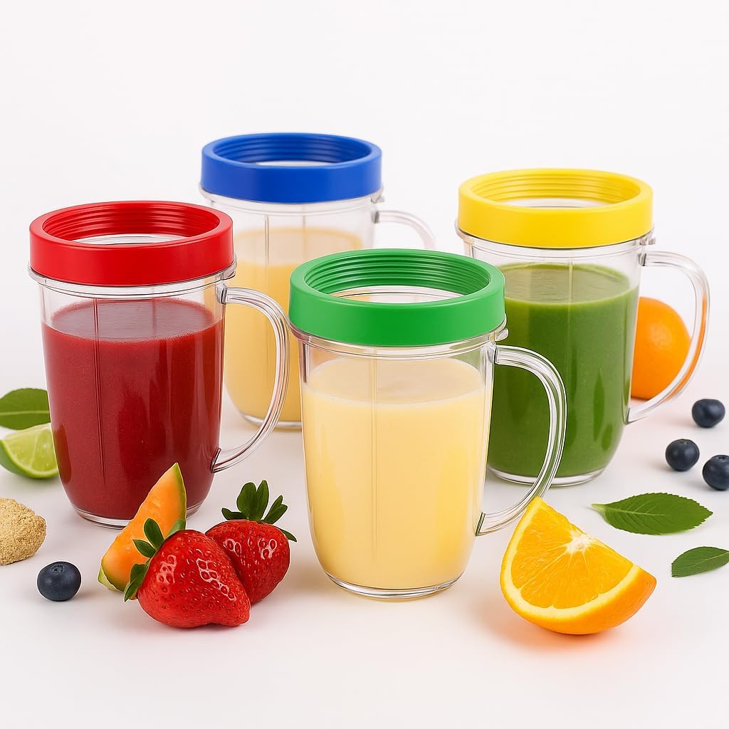 16oz Cups Compatible with Original Magic Bullet Blender Juicer 250W MB-1001 Party Cups Mugs with Colored Lip Rings,No Lids(Pack of 4)
