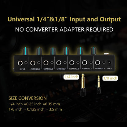 Headphone Amplifier 6 Channel, Stereo Headphone Amp with 3.5mm&6.35mm Input and Output, Metal Portable Studio Headphone Amp Splitter, Headphone Mixer with Mono and Stereo for Recording Studios