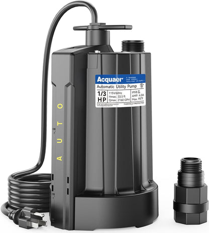 Acquaer 1/3 HP Automatic Submersible Water Pump, 115V Sump Pump with 3/4” Garden Hose Check Valve Adapter,2160 GPH High Flow Water Removal for Swimming Pool Cover Hot Tubs Flooded House Basement