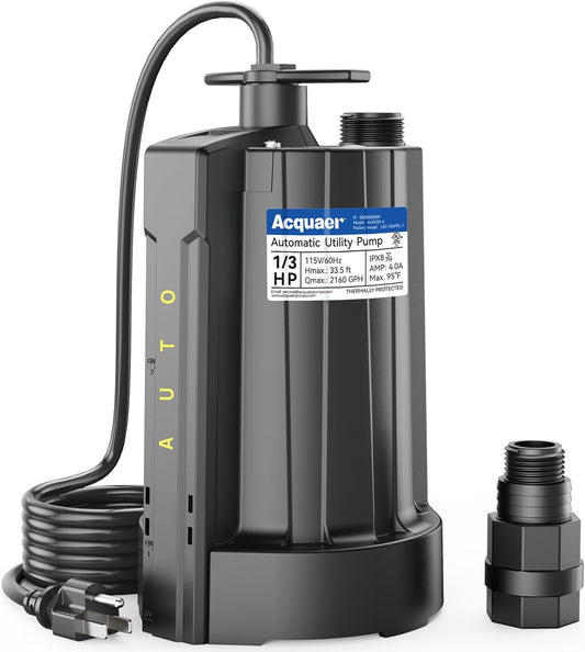 Acquaer 1/3 HP Automatic Submersible Water Pump, 115V Sump Pump with 3/4” Garden Hose Check Valve Adapter,2160 GPH High Flow Water Removal for Swimming Pool Cover Hot Tubs Flooded House Basement