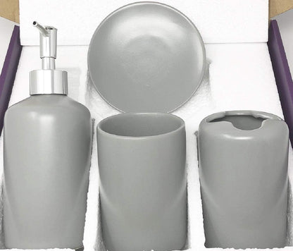 WPM 4 Piece Ceramic Bath Accessory Set | Includes Bathroom Designer Soap or Lotion Dispenser w/Toothbrush Holder, Tumbler, Soap Dish Choose from Purple, Black, Brown, Navy or Burgundy (Brown)