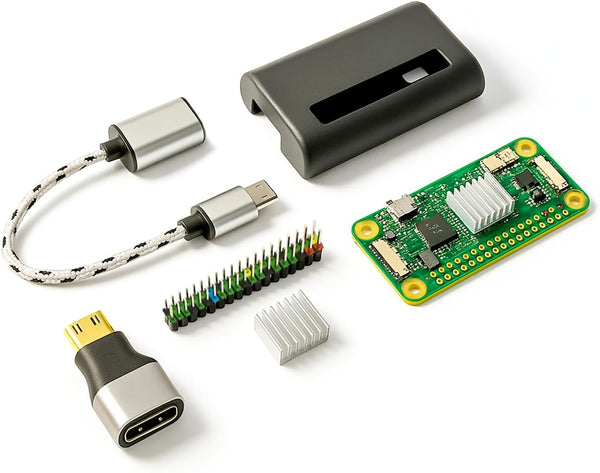 Pi Zero 2 W Base Kit - Includes Official Raspberry Pi Zero 2 W, Aluminum Alloy Mini HDMI to HDMI Adapter, Glossy Black Case, Heat Sink, Color-Coded 20-Pin GPIO Header, and Micro USB OTG Cable - PuriLite