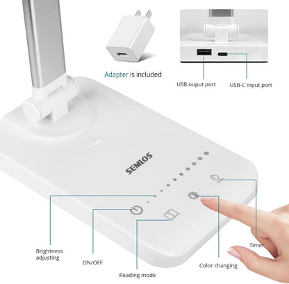Semlos LED Desk Lamp for Home Office, Eye-Caring Table Light, 25 Lighting Modes, 45 Min Auto Timer, Touch Control, Dimmable, White