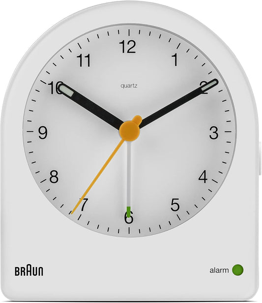 Braun Classic Analogue Alarm Clock with Snooze and Continuous Backlight, Quiet Quartz Movement, Crescendo Beep Alarm in White, Model BC22W.