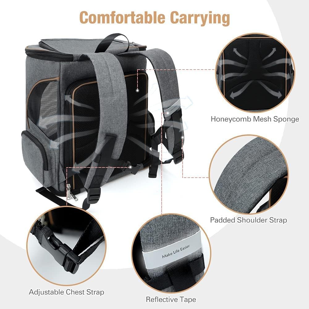 Lekesky Cat Backpack Expandable Dog Carrier Backpack Airline Approved Pet Backpack Carrier for Cats, Small Dogs, Puppies Under 13 Lbs, Grey