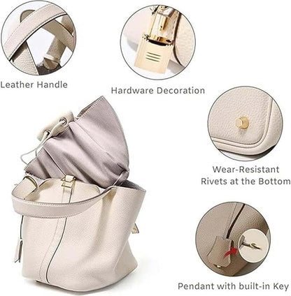 Purilite Select Genuine Leather Bucket Bag | Lock Design Satchel | Fashionable Handbag | Versatile Shoulder & Crossbody Bag