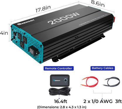 Renogy Pure Sine Wave Inverter 1000w Power Inverter DC 12v to AC 110v, Solar Inverter 12v to 110v Converter with 5V/2.1A USB Port, 2 AC Ports, Remote Controller