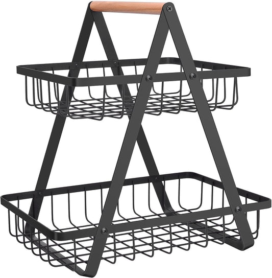 2 Tier Countertop Fruit Basket,Portable Fruit Bowle Basket for Kitchen Organizer Storage & Dining Room Fruits Vegetable Bread Snacks,MAHUEEOL Detachable Metal Rectangle Basket Storage