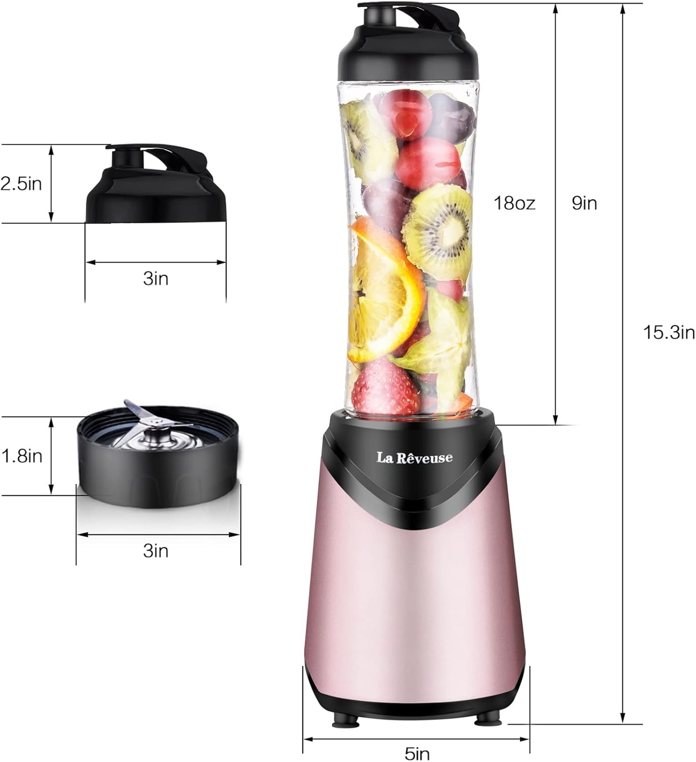 La Reveuse Smoothie Blender Personal Size 300 Watts with 2 Pieces 18 oz BPA-Free Travel Sports Bottles,Grey