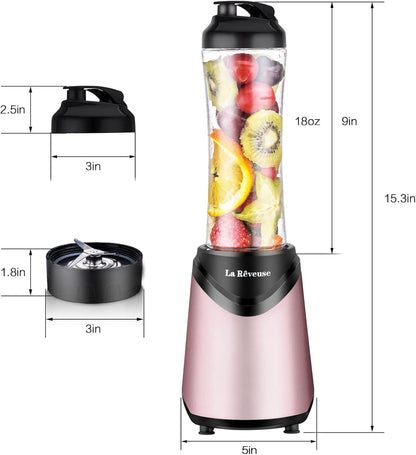 La Reveuse Smoothie Blender Personal Size 300 Watts with 2 Pieces 18 oz BPA-Free Travel Sports Bottles,Grey