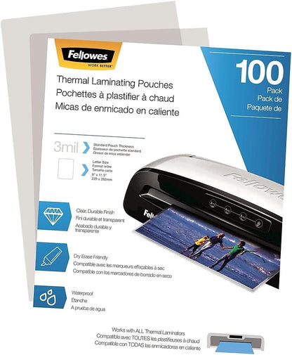 Fellowes Thermal Laminating Pouches, Letter Size Sheets 9 x 11.5-Inches, 3 mil, 200 Pack (5743401), Clear