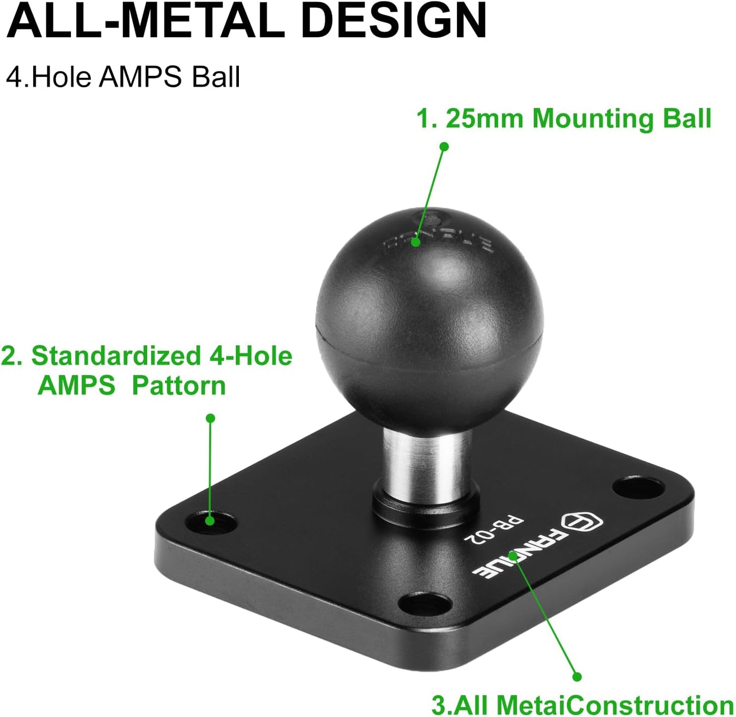 FANAUE Aluminum1'' Ball Mount Base with 4-Hole AMPS Square Plate & 1" Ball Adapter Compatible RAM Mount B Size Double Socket arm and Bike Motorcycle Phone Holder