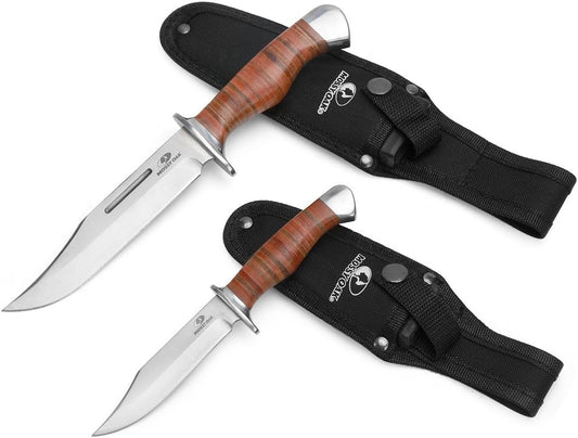 Mossy Oak 2-Piece Bowie Knife, Fixed Blade Hunting Buck Knife Set Leather Handle with Sheath
