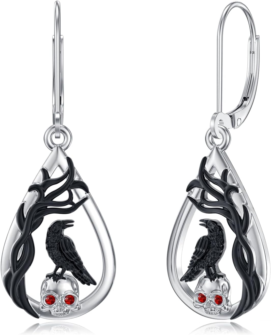 Lypic Crow Skull Earrings 925 Sterling Silver Raven Leverback Earrings Spooky Gothic Halloween Witchy Jewelry for Women Daughter, Created Zircon