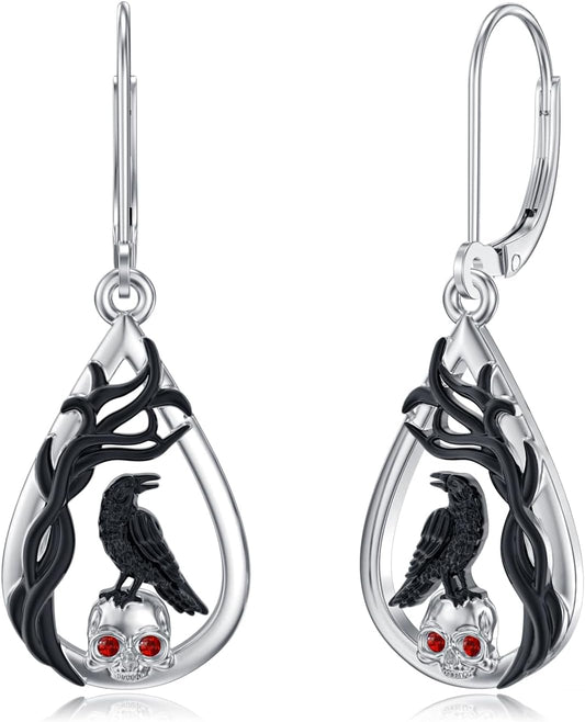 Lypic Crow Skull Earrings 925 Sterling Silver Raven Leverback Earrings Spooky Gothic Halloween Witchy Jewelry for Women Daughter, Created Zircon