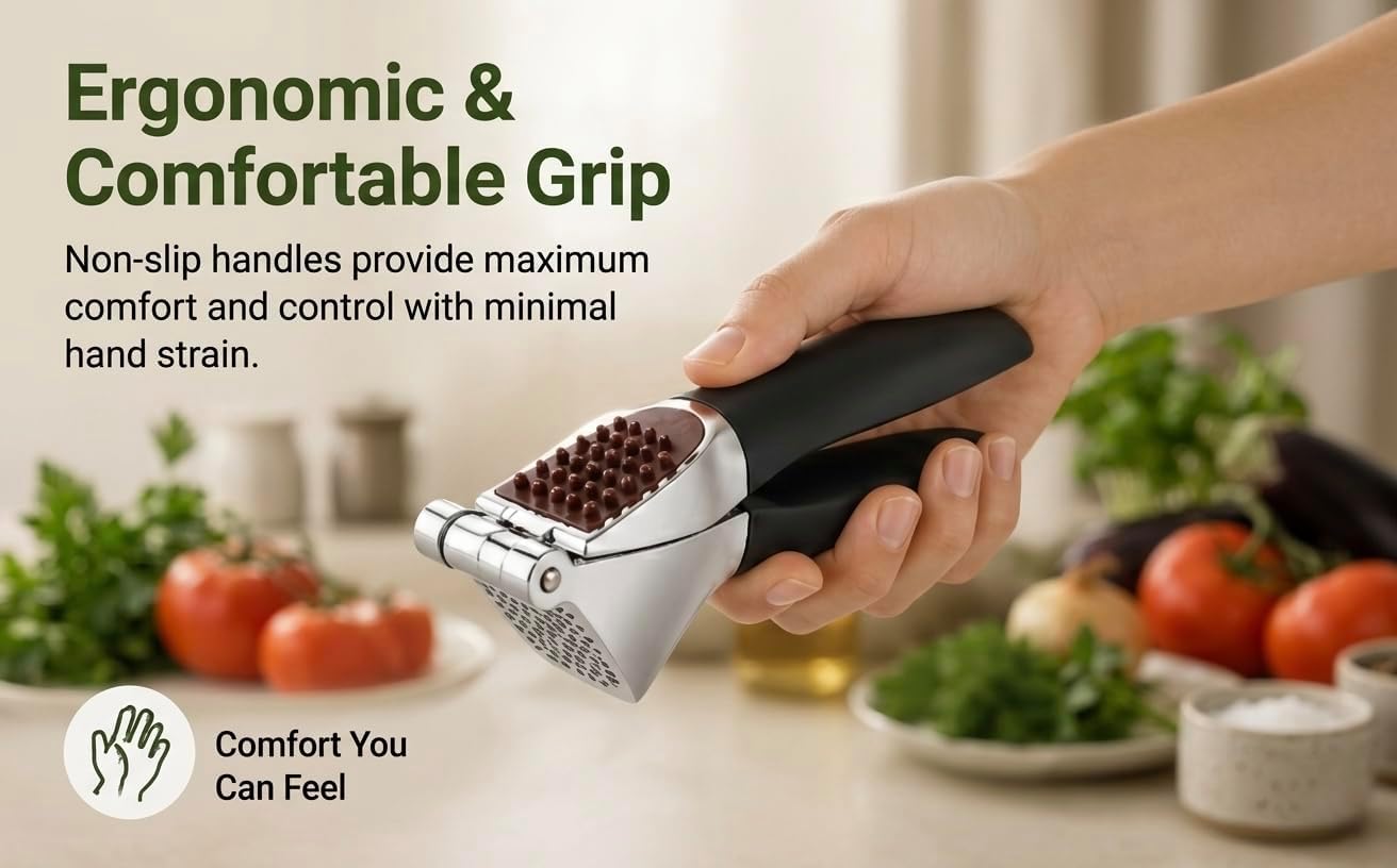 Garlic Press Set, Heavy Duty Zinc Alloy Garlic Crusher & Mincer – Ergonomic Non-Slip Handle, Easy Clean with Peeler & Brush, Professional Kitchen Tool for Garlic, Ginger & Herbs