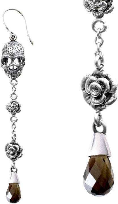 Skull and Rose Earrings Design with Smoked Quartz Teardrop, Stainless Steel