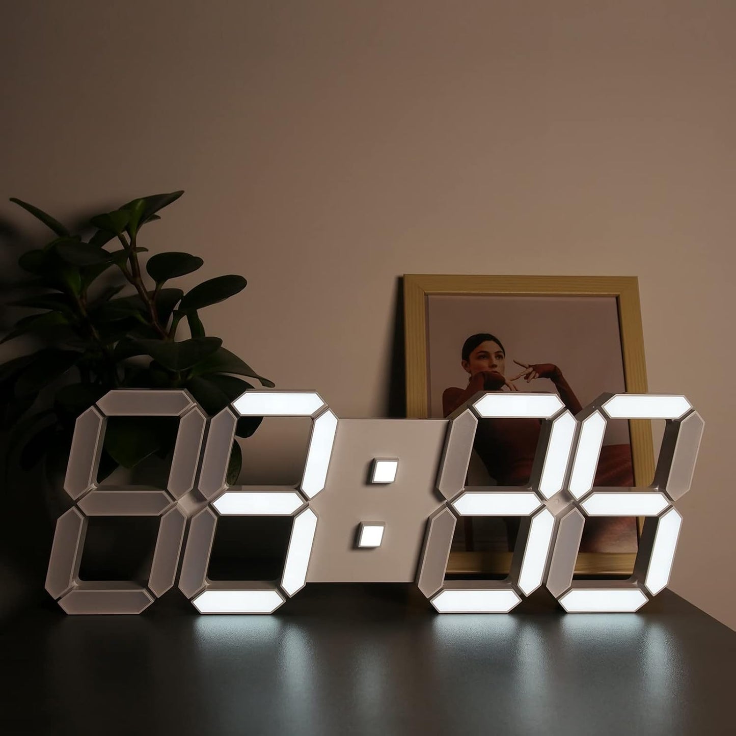 Deeyaple 3D LED Digital Wall Clock Modern Alarm Clock Adjust Brightness 12/24 Time Date Temperature Silent Snooze USB Night Light Remote Control Kitchen Bedroom Living Room Small 9.7 inch White