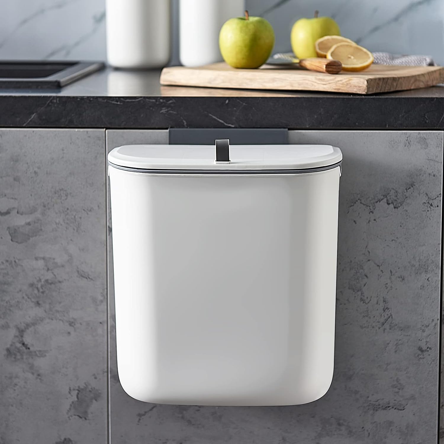 2.5 Gallon Hanging Compost Bin with Lid, Under Sink Cabinet Door Trash Can, Wall Mounted Slide Open Kitchen Garbage Bin, White - PuriLite