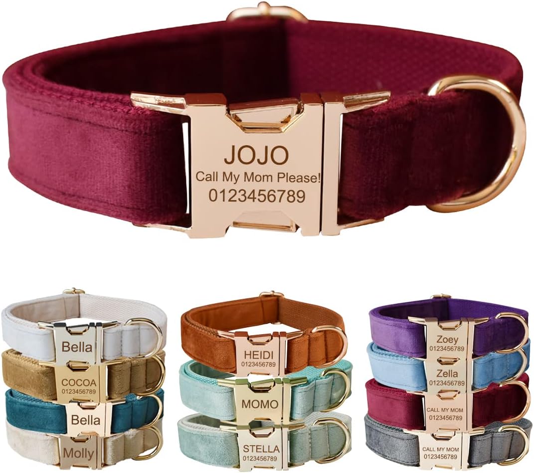 Custom Dog Collar with Metal Buckle - Pet Collars Personalized with Name and Phone Number (Plaid)