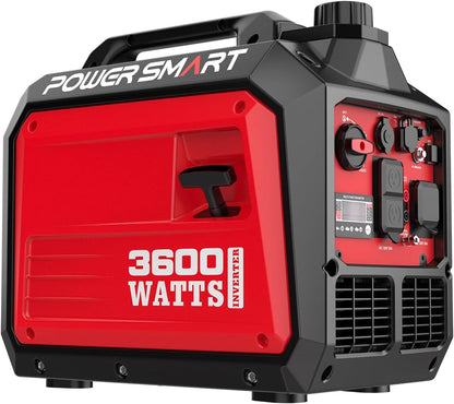 PowerSmart 3600W Portable Inverter Generator, Whisper Quiet Generator for Home Use, Camping, RV Ready, Gas Powered, Black & Red, Lightweight & Compact Design