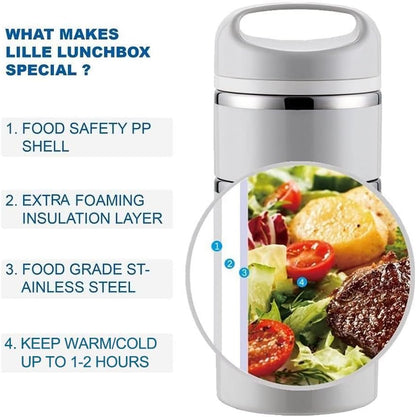 Lille Home Stackable Stainless Steel Thermal Compartment Lunch/Snack Box, 3-Tier Insulated Bento/Food Container with Lunch Bag, Cutlery Set and 3 Extra Seals, 43OZ (Gray)