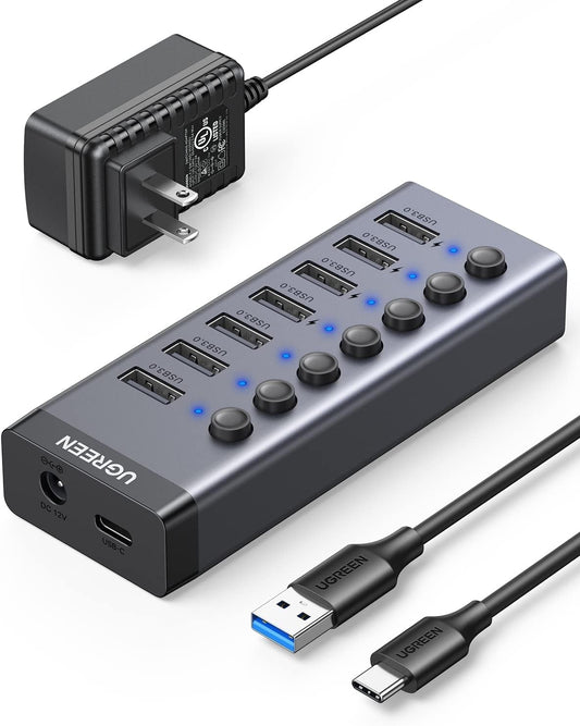 UGREEN Powered USB Hub 3.0,7 Ports USB Splitter with 4 Smart Charging Ports Aluminum Individual LED Power Switches Extension 12V 2A Charging Adapter for PC Laptop, MacBook Pro Air Mini