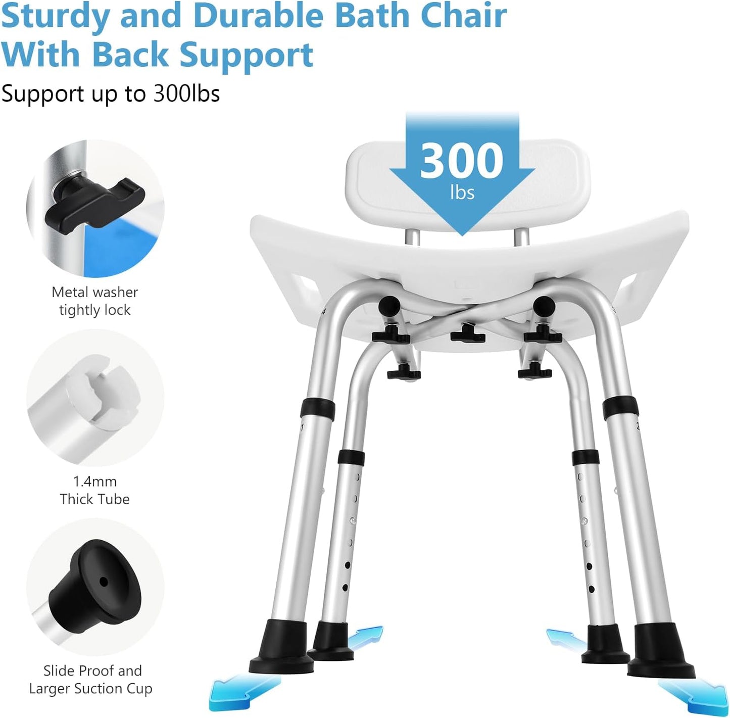 Shower Chair with Back Removable - 2 in 1 Nonslip Shower Stool for Inside Shower, Adjustable Shower Seat for Seniors, Elderly, Handicap, Disabled 300LBS