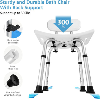 Shower Chair with Back Removable - 2 in 1 Nonslip Shower Stool for Inside Shower, Adjustable Shower Seat for Seniors, Elderly, Handicap, Disabled 300LBS