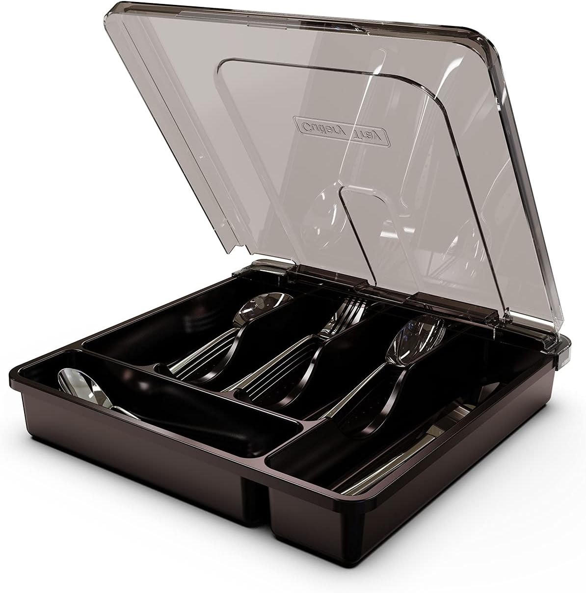Silverware Tray with Lid, Utensil Drawer Organizer for Kitchen Countertop Plastic Flatware Organizers and Storage holder 5 Compartments,Blue