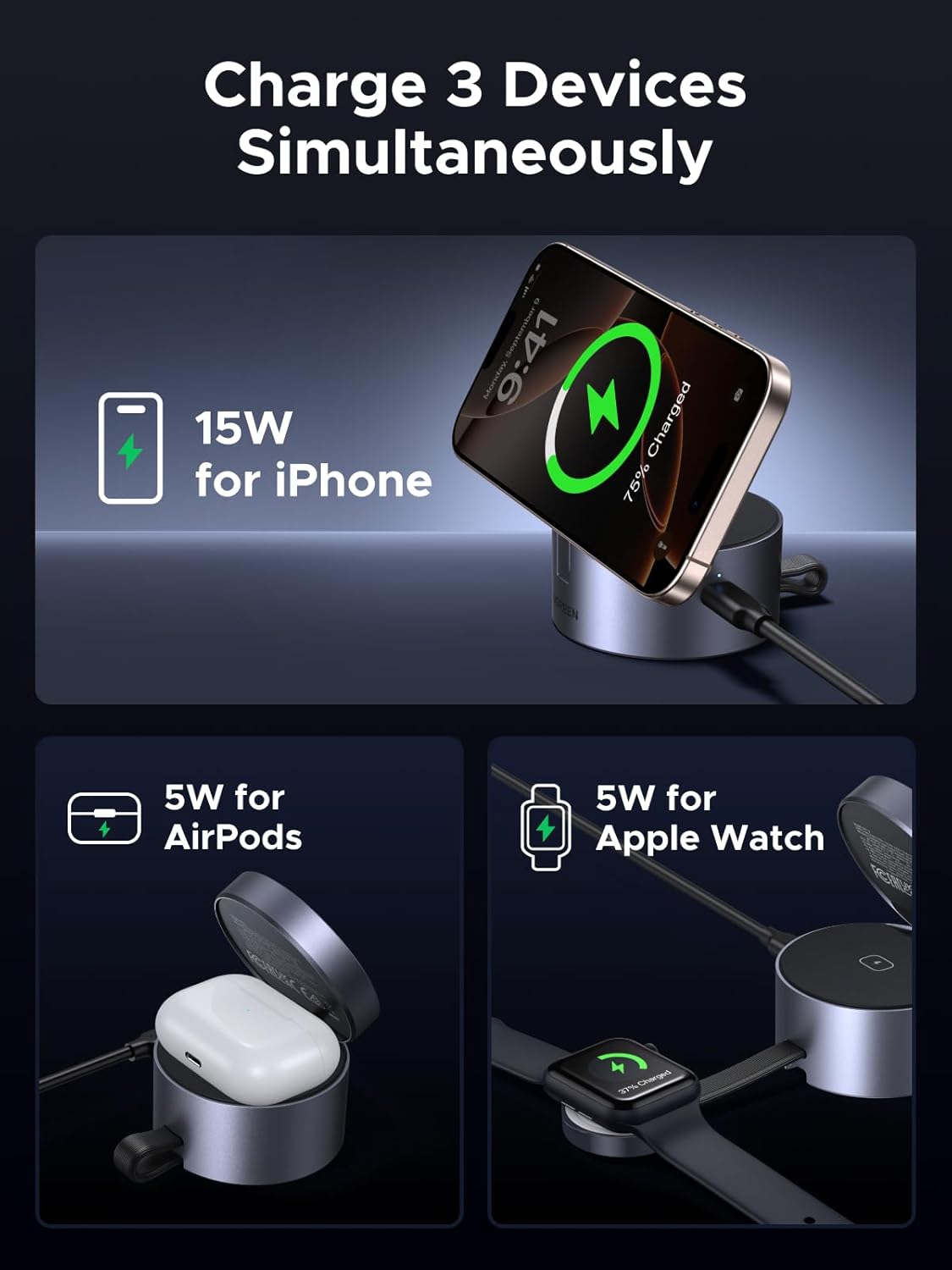 UGREEN MagFlow 15W 3-in-1 Fast Wireless Charger, QI2 Certified Magsafe Foldable Charging Stand Compatible with iPhone 16/15/14/13, AirPods 4/3/2/Pro, iWatch (Includes 45W Adapter and 3FT USBC Cable)