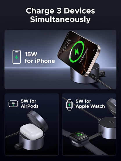 UGREEN MagFlow 15W 3-in-1 Fast Wireless Charger, QI2 Certified Magsafe Foldable Charging Stand Compatible with iPhone 16/15/14/13, AirPods 4/3/2/Pro, iWatch (Includes 45W Adapter and 3FT USBC Cable)