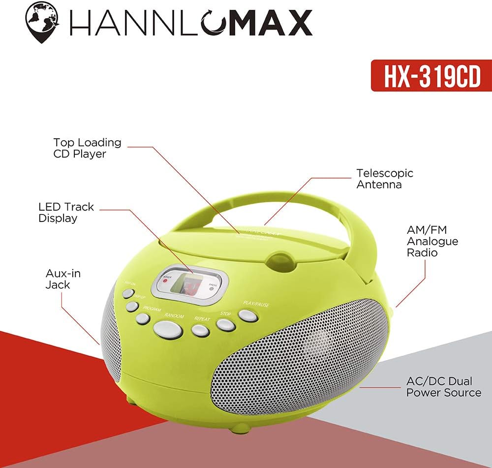 HANNLOMAX HX-319CD Portable CD Boombox, AM/FM Radio, LED Display, Aux-in Jack, AC/DC Dual Power Source. (Green)